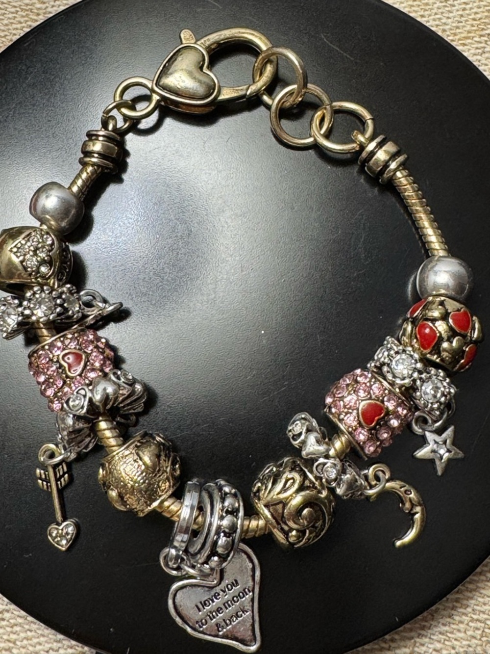 Whimsical Charm Bracelet Gold Tone Pink Rhinestones Hearts Girlhood Charm Chaos